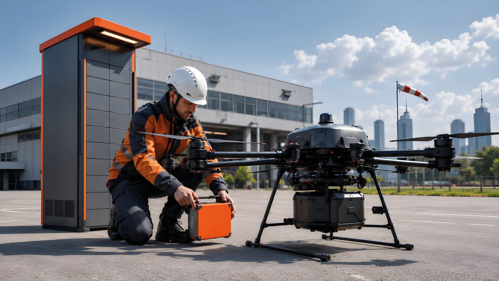A technician lifts a battery out of a delivery drone next to a Swobbee Station