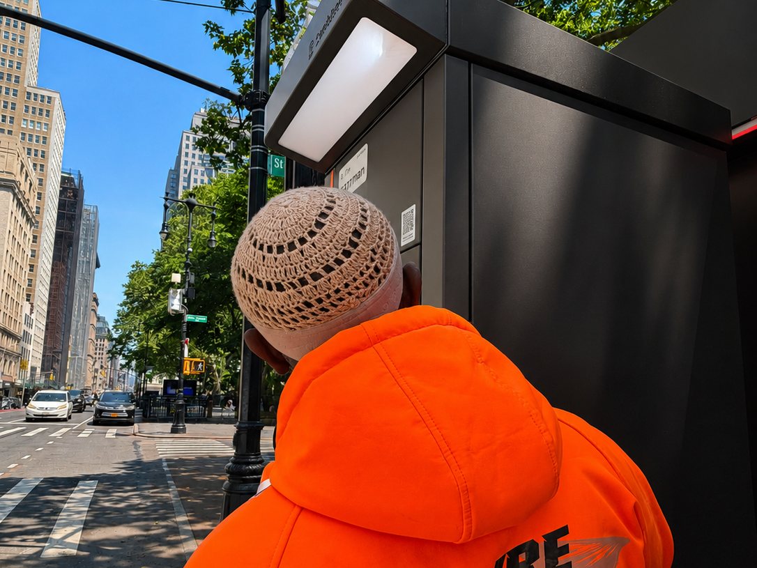 Ein Fahrer in oranger Jacke an einer schwarzen Swobbee Station in Manhattan