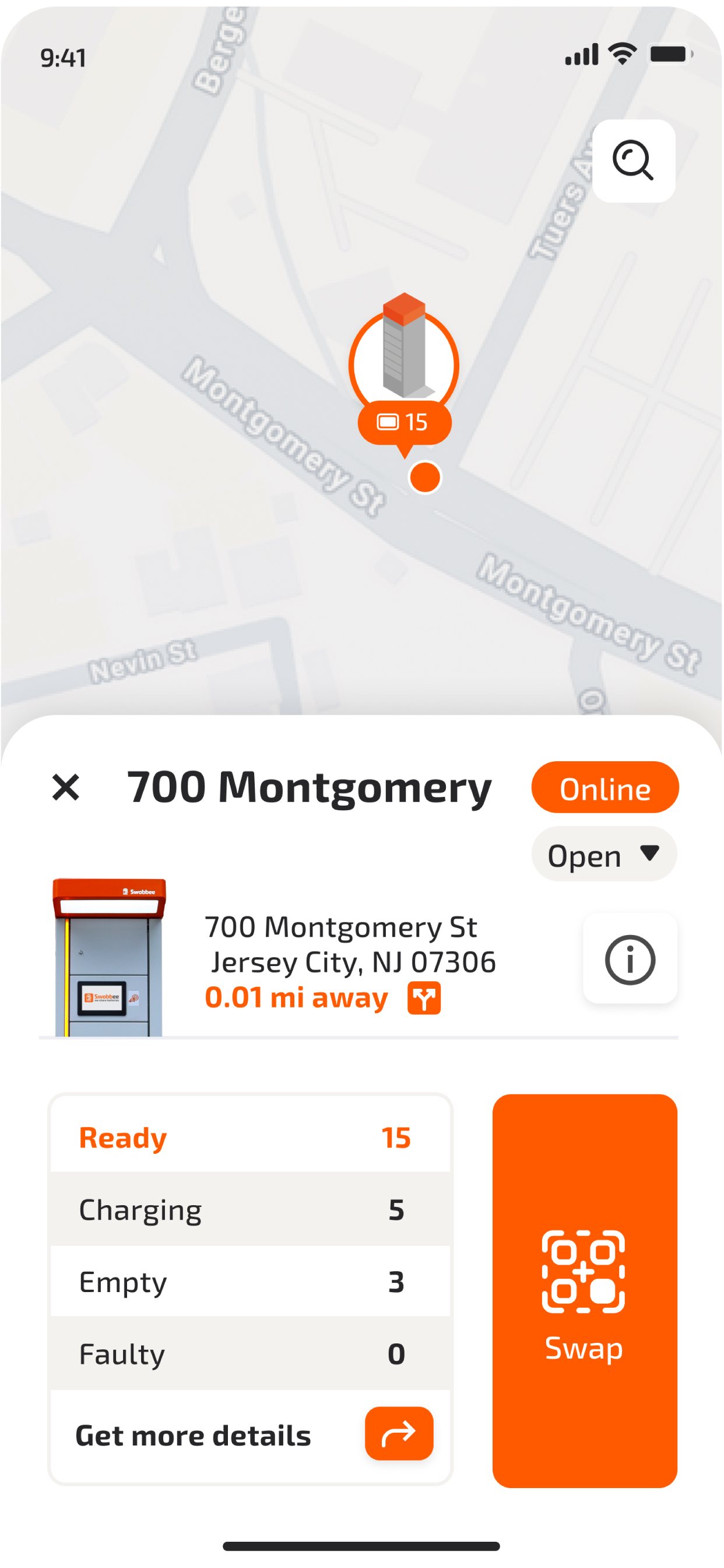 App-Aufnahme: Station 700 Montgomery mit 15 bereiten Akkus und dem Knopf „Swap“