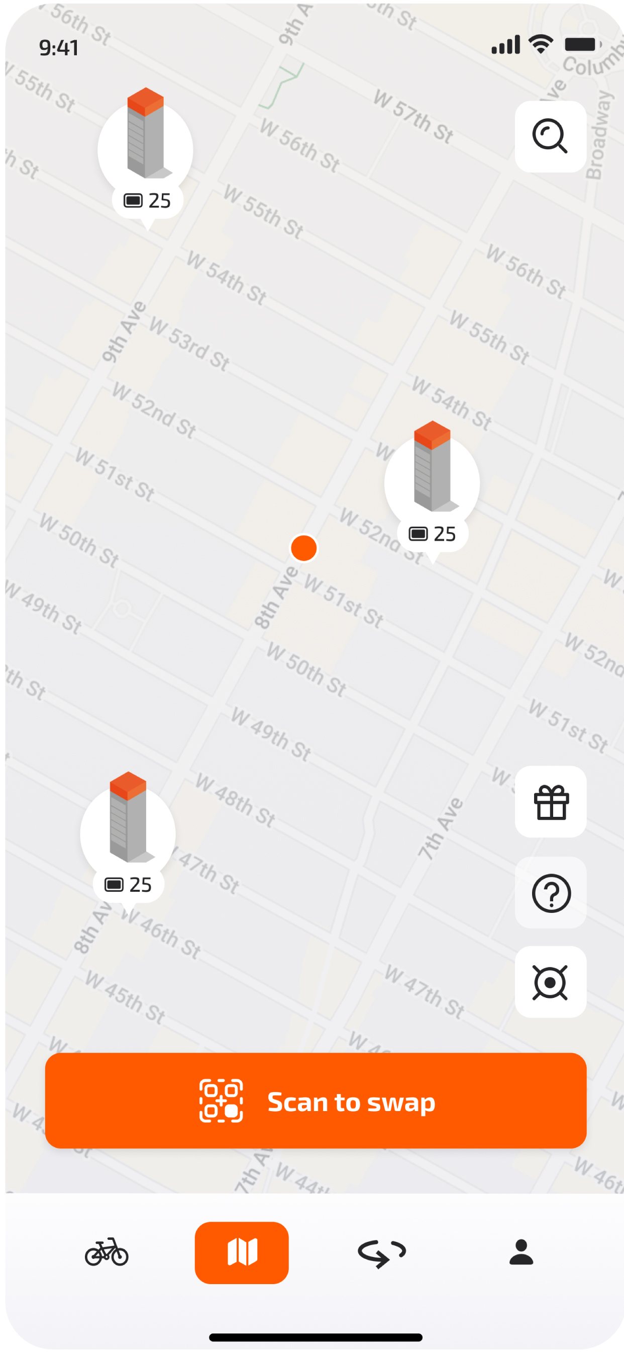 App-Aufnahme: Karte von Manhattan mit drei Swobbee Stationen und dem Knopf „Scan to swap“