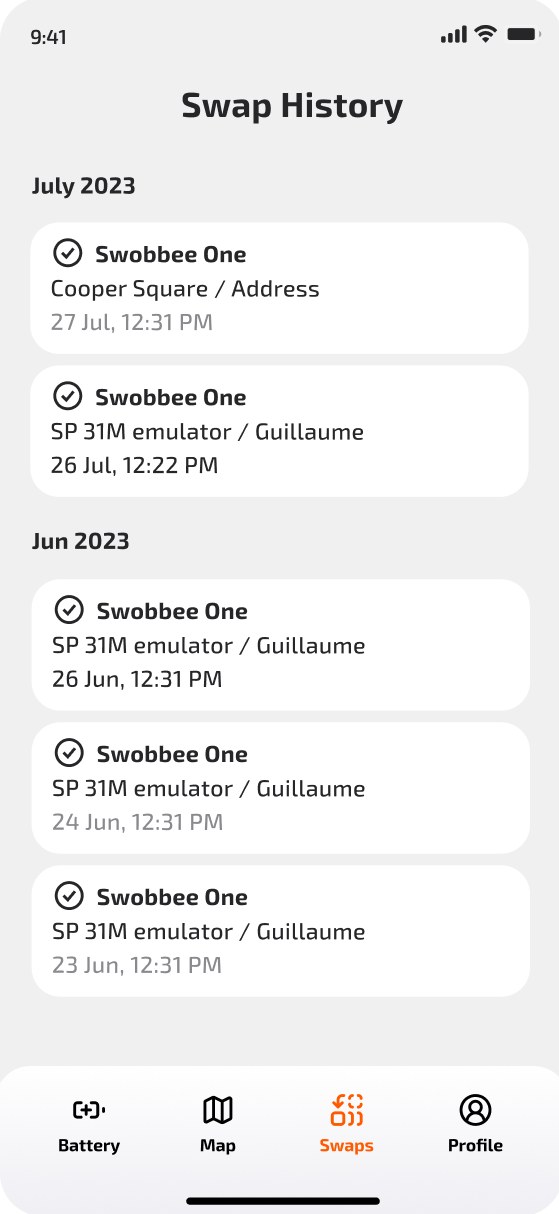 App-Aufnahme Wechsel-Historie: frühere Swobbee One Akkuwechsel nach Monat, Station und Uhrzeit